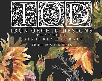 Puede incluir: Hojas de transferencia floral Iron Orchid Designs. Ocho hojas de 30,5 x 40,6 cm presentan un estilo pictórico con girasoles, rosas y lavanda.