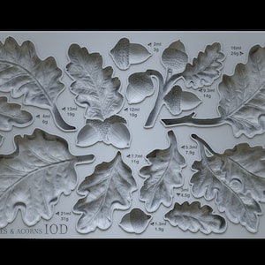 May include: A silicone mould for baking with a design of oak leaves and acorns. The mould is grey and has measurements in millilitres and grams for each design.