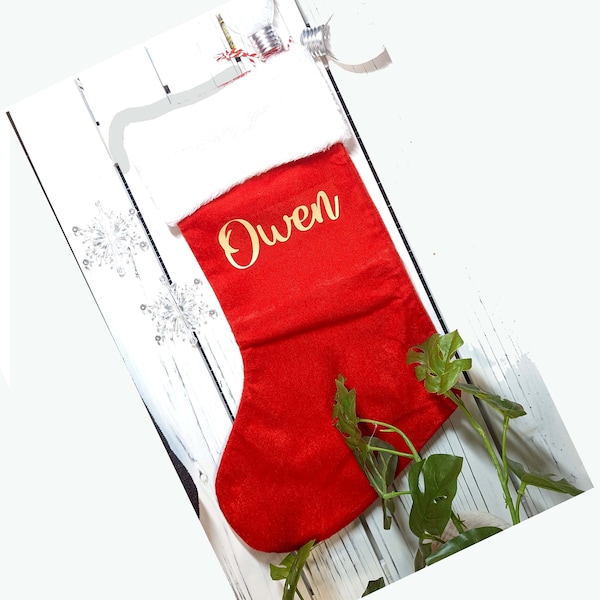 Personalized Stockings, Christmas Gift, Red Velvet Stockings, Golden Name, White Plush Cuff, Christmas Stocking, Gift, Holidays, Two Sides