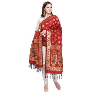 Women's Woven Silk Blend Banarasi Zari Dupatta/Chunni Color-Dark Red Free Shipping