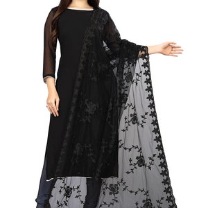 Women's Nylon Net Embroidered Dupatta/Chunni Color-Black Free Shipping