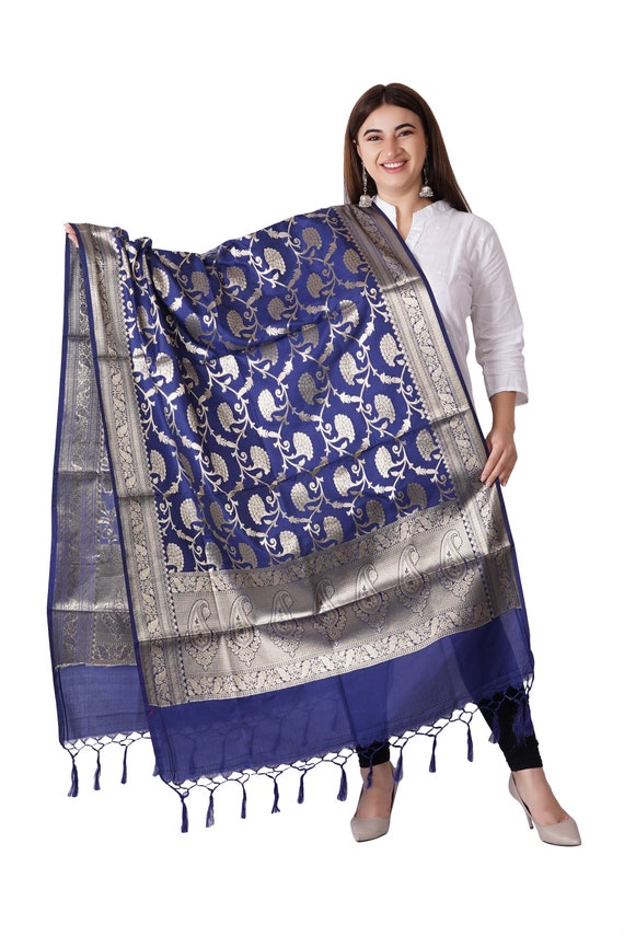 Women's Silk Floral Design Banarasi Dupatta Color Dark Blue Free