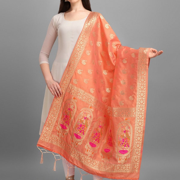 Women's Woven Banarasi Silk Zari Dupatta/Chunni Color-Peach Free Shipping