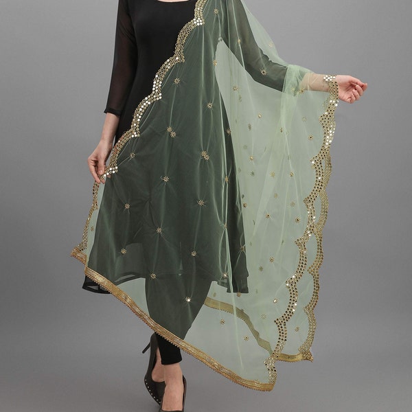 Women's Embellished Net Dupatta/Chunni Color-Pistachio Free Shipping