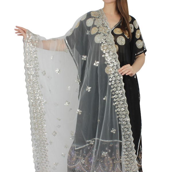 Women's Net White Embroidered Dupatta with Sequinned Free Shipping