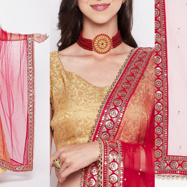 Magenta Embroidered Net Dupatta With Sequinned main image 1