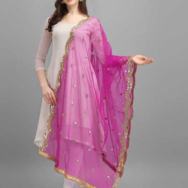 Women's Embellished Net Dupatta/Chunni Color-Hot Pink Free Shipping