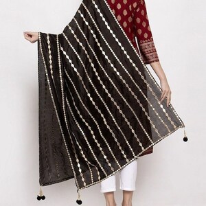 Women's Silk Black & Gold-Coloured Striped Dupatta/Chunni  Gotta Patti Free Shipping