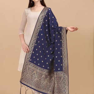 Women's Woven Banarasi Silk Zari Dupatta/Chunni Color-Navy Blue Free Shipping