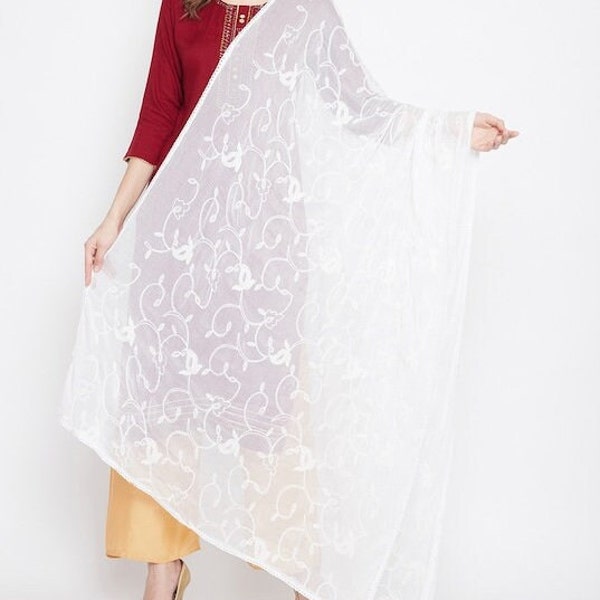 White Embroidered Dupatta free shiping