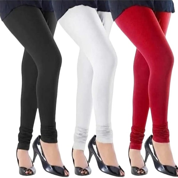 Women''s Cotton Churidar Length Leggings Pack Of 3 Colors - Black White Red Free Size Fast Shipping