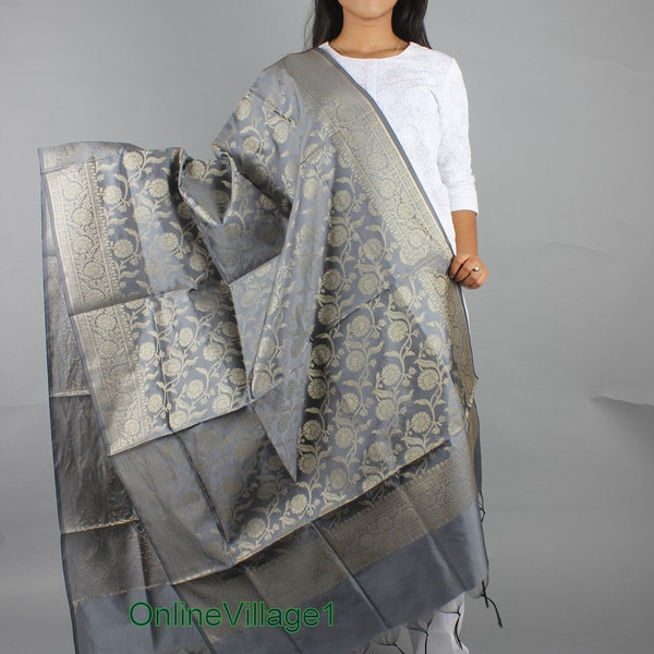 Grey Woven Scarf Design Banarsi Silk Dupatta free Shiping