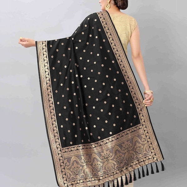 Women's Dupatta Black & Gold-Toned Ethnic Motifs Banarasi Scarf Chunni Stole Fast Shipping