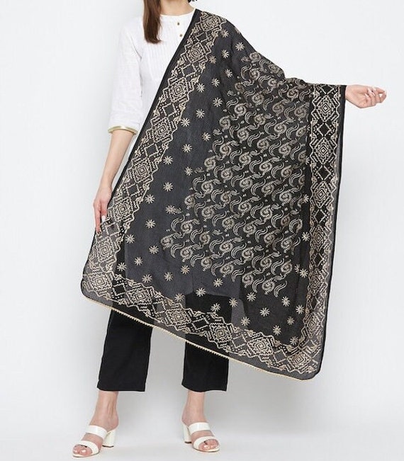 Buy Women Black & Beige Striped Dupatta With Beads and Stones Free