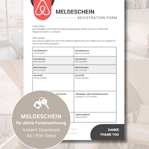 Airbnb Meldeschein | Ferienwohnung Meldeschein für Gäste | Airbnb Download | Registration Form | deutsch & englisch | Meldeformular Gäste
