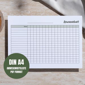 Könnte beinhalten: Eine druckbare Anwesenheitsliste Vorlage im PDF-Format. Die Vorlage hat den Titel "Anwesenheit" und eine Kopfzeile "Datum" für das Datum. Die Vorlage ist für das Papierformat A4 ausgelegt.