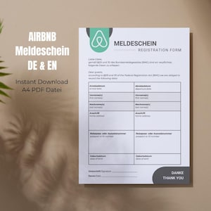 Puede incluir: Un formulario de registro en blanco y negro con el logotipo de Airbnb en la esquina superior derecha. El formulario está titulado "Meldeschein" en alemán y "Registration Form" en inglés. El formulario incluye campos para la fecha de llegada, la fecha de salida, el nombre, el apellido, la dirección del domicilio, el pasaporte o el número de identificación, la fecha de nacimiento, la firma y la fecha.