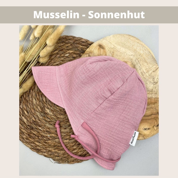 Musselin Sommermütze, Musselin Sonnenhut, Bindemütze für Babys und Kinder, Sonnenschutz Mädchen und Jungen, verschiedene Farben und Größen