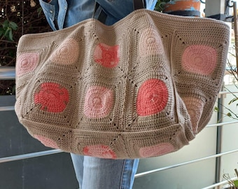 Handmade Crochet Weekender Bag –XL Travel Tote with Leather Straps -Large Overnight Boho Bag