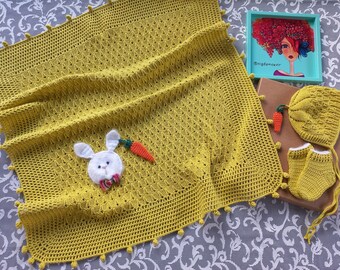 Knitted Cotton Baby Blanket, Hat, Booties Set, Newborn Shower Gift