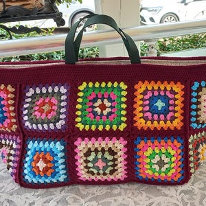 Crochet Granny Square Weekender Bag: Vintage Style Cotton Tote -Leather handles