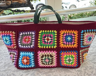 Handmade Crochet Weekender Bag: XL Travel Tote with Leather Straps