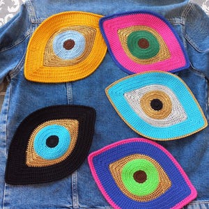 Crochet evil eye applique - Crochet applique Evil eye applique Large applique patch Jacket patch Colorful applique