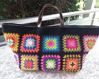 Handmade Crochet Weekender Bag: XL Travel Tote with Leather Straps