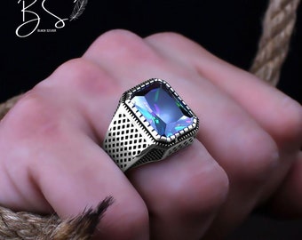Mens Silver Ring Alexandrite Ring Man Statement Ring Sterling