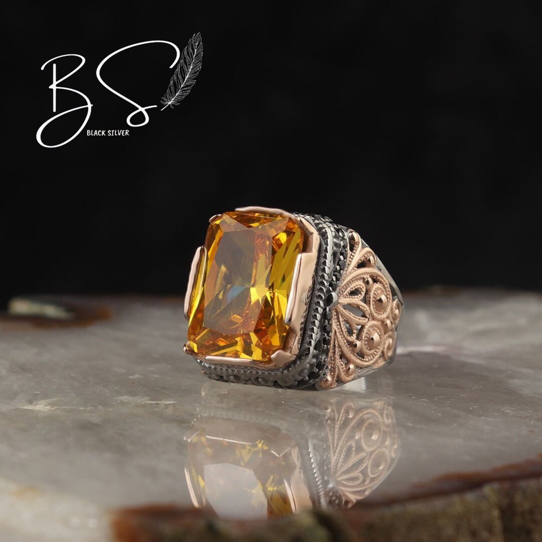 Gold Plated Ring, Men Silver Ring, Citrine Ring, Rings for Men, Gold
