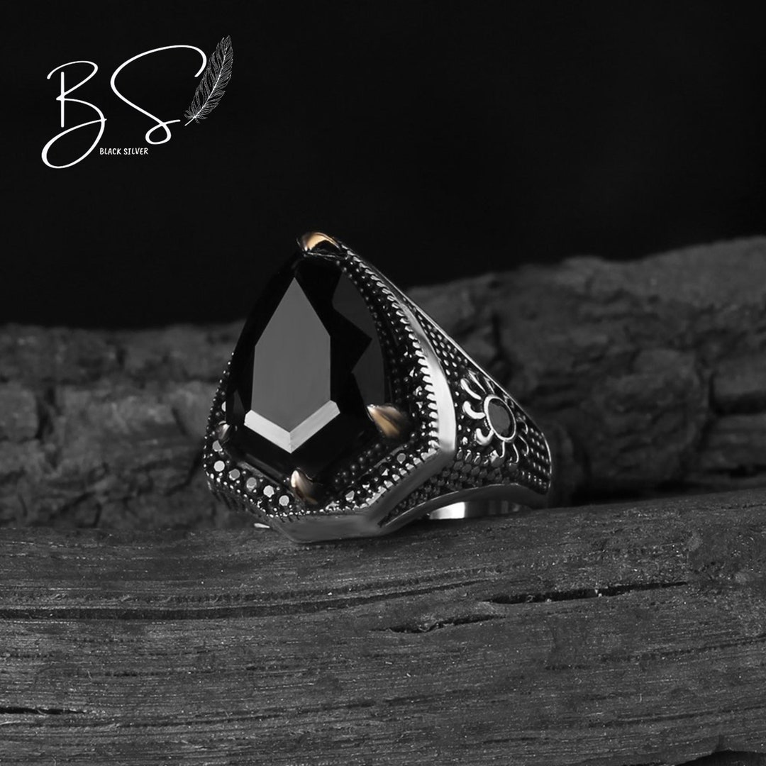 925K Silver Zircon Men Ring, Black Stone Mens Ring, Vintage Men