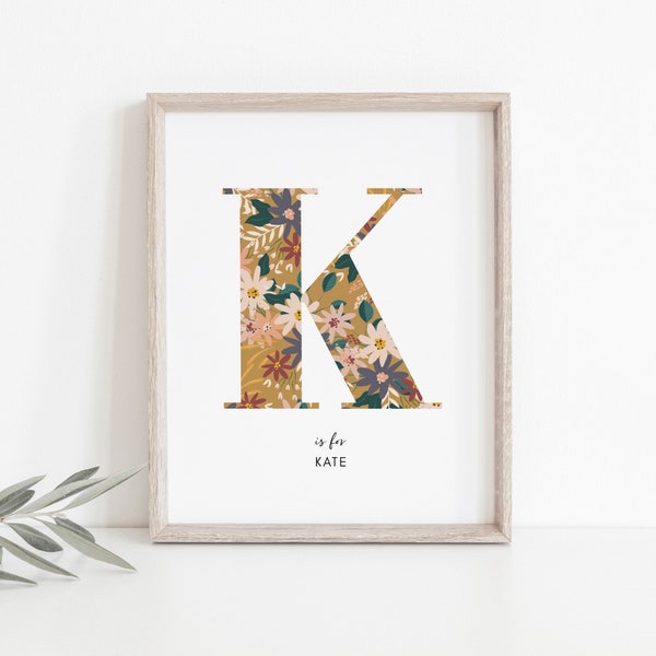 Custom Initial Print, Monogram Initial Print, Floral Letter Print, Personalised Name Printable, Nursery Letter Art, Kids Letter Print