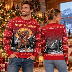 Spooky Zombie Sasquatch Ugly Christmas Sweater, Retro Horror Bigfoot Graphic, Cryptid Lover Gift