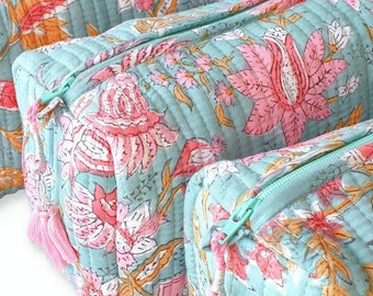 Quilted Toiletry Bag: Block Print, Cosmetic Bag, Makeup Bag, Wash Bag, Set of 3, Soft cotton, Turquoise & Pink, Waterproof