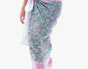 Block Print Sarong Green & pink floral Pareo Beach Coverup Soft 100% organic cotton muslin sarong Beach Wrap Holiday Scarf Beach Wear