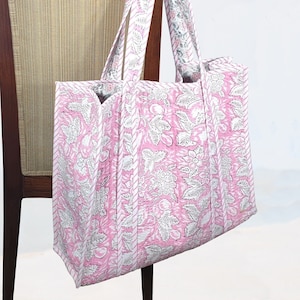 Boho Quilted Tote Bag: Hand Block Print, Soft pink floral, Slouchy Tote, Large Shopping Bag, Holiday Bag, Beach Bag