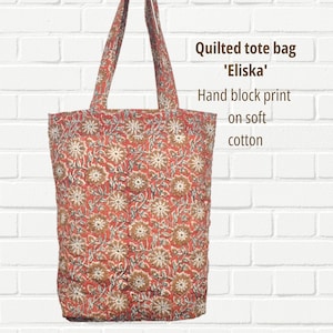 Boho chic Quilted Tote Bag Cute Hand Block printed Tote Bag Bag Brown & mustard floral bag Organic cotton Shoulder bag hand bag school bag