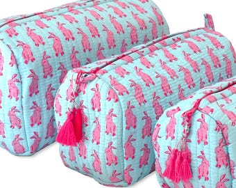 Toiletry Bag Set: Hand Block Print, Pink bunny print, Soft organic cotton, Cosmetic bag, Wash Bag, Waterproof