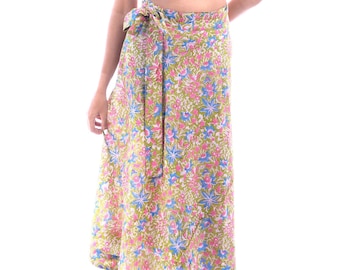 Wrap Skirt Block Print Boho Chic Midi Skirt Green Blue Pink Floral - Main Image