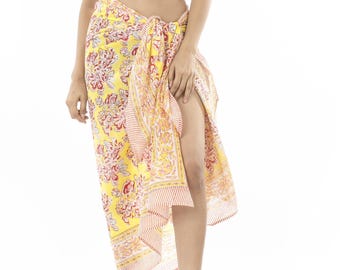 Cute beach sarong Hand block print Soft light 100% organic cotton voile Green yellow blue floral Beach wrap Pareo Scarf Stole Gift for her