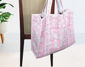 Boho Chic Quilted tote bag Floral Handblock print Everyday Bag Soft sturdy Magnetic closure Inside pocket XL Tote Beach Bag Mother Day Gift