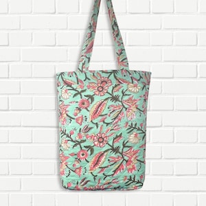 Sac fourre-tout bohème matelassé Hand Block Print Sac à main à imprimé floral vert aqua et rose cartable à bandoulière cartable de bureau Sac de ville chic