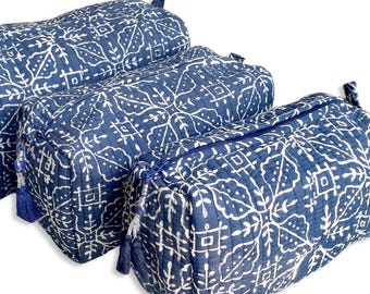 Toiletry Bag Set: Block Print, Cosmetic Bag, Quilted Makeup bag, Wash Bag, Waterproof