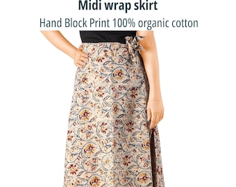 Midi wrap skirt Hand block print Boho floral print skirt Mid weight 100% cotton skirt free size skirt Beach wear Cruise wear Gift