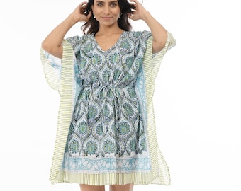 Cotton muslin kaftan, Hand Block Print, Short kaftan, Resort wear, Beach coverup, Green & Blue floral beach dress