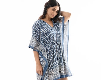 Boho Chic Block Print Kaftan Beach coverup Pure Cotton muslin Summer dress Soft night wear Beach outfit Short Kaftan Sun dress Indigo Blue