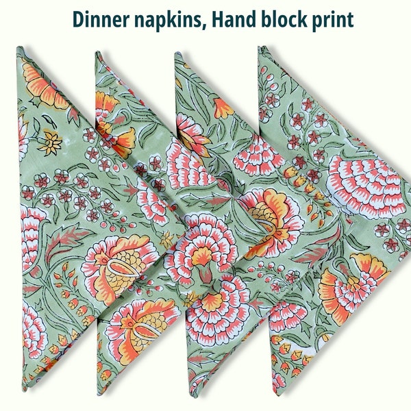 Serviettes de table imprimées à la main Bloc indien imprimé Mandarine verte Serviettes florales orange brûlées épaisses absorbantes 100% serviettes en coton New Home Gift