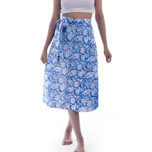 Blue wrap skirt Boho Block print Midi skirt Soft light pure cotton Summer skirt Floral Beach skirt 80s Vintage skirt High Waisted Skirt