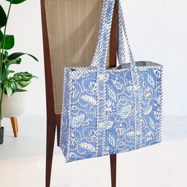 Boho Chic Quilted tote bag Block Print Deep blue & white Everyday Bag Soft sturdy Magnetic closure Inside pocket XL Beach Bag Shopping Bag