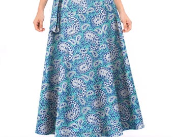 Midi wrap skirt, Hand block print, Blue Green, High waisted, Floral summer skirt, Soft light organic cotton, Beach wear